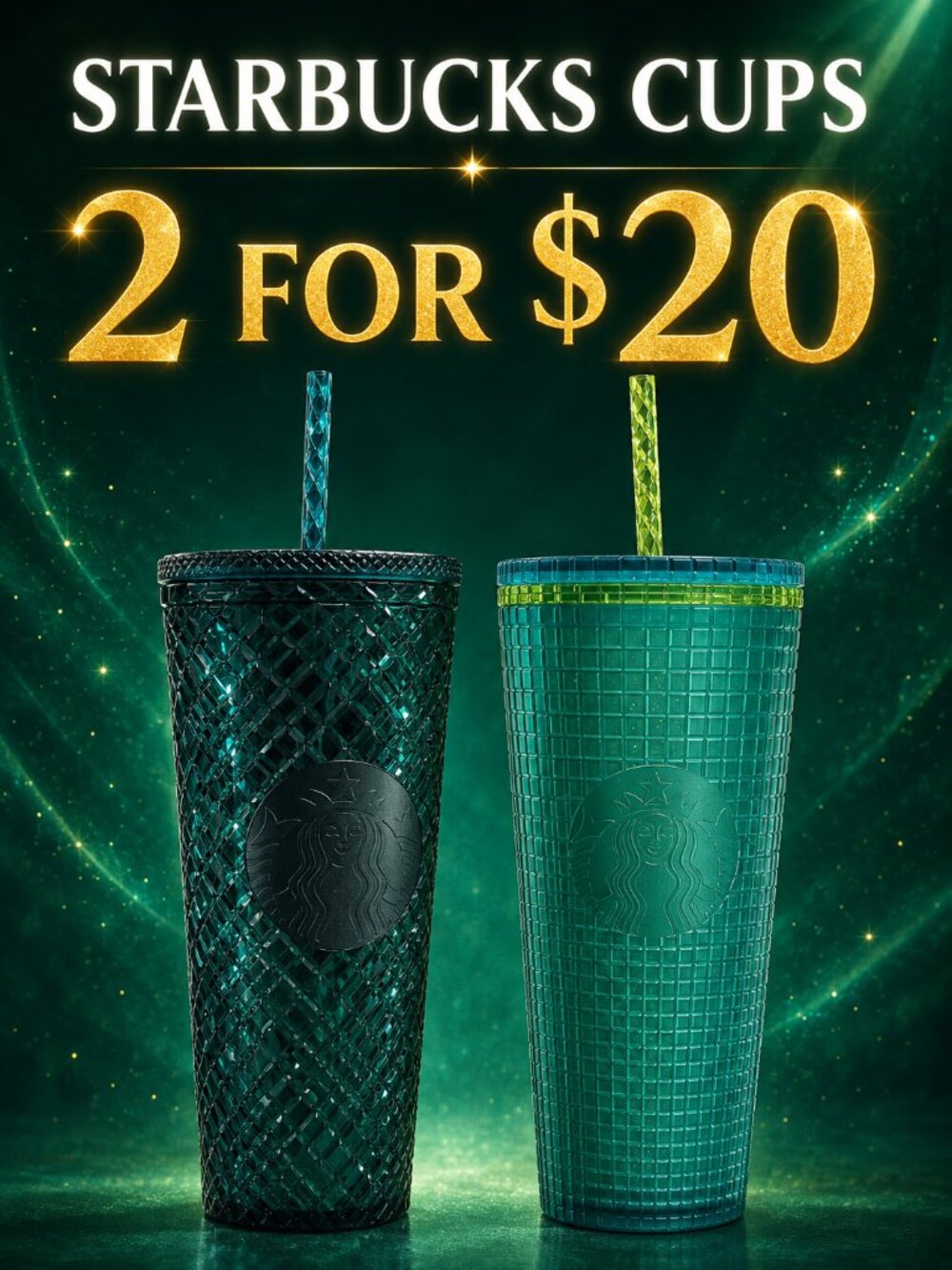 Starbucks Teal and emerald Green Textured Cold Cups with Straws Set of 2